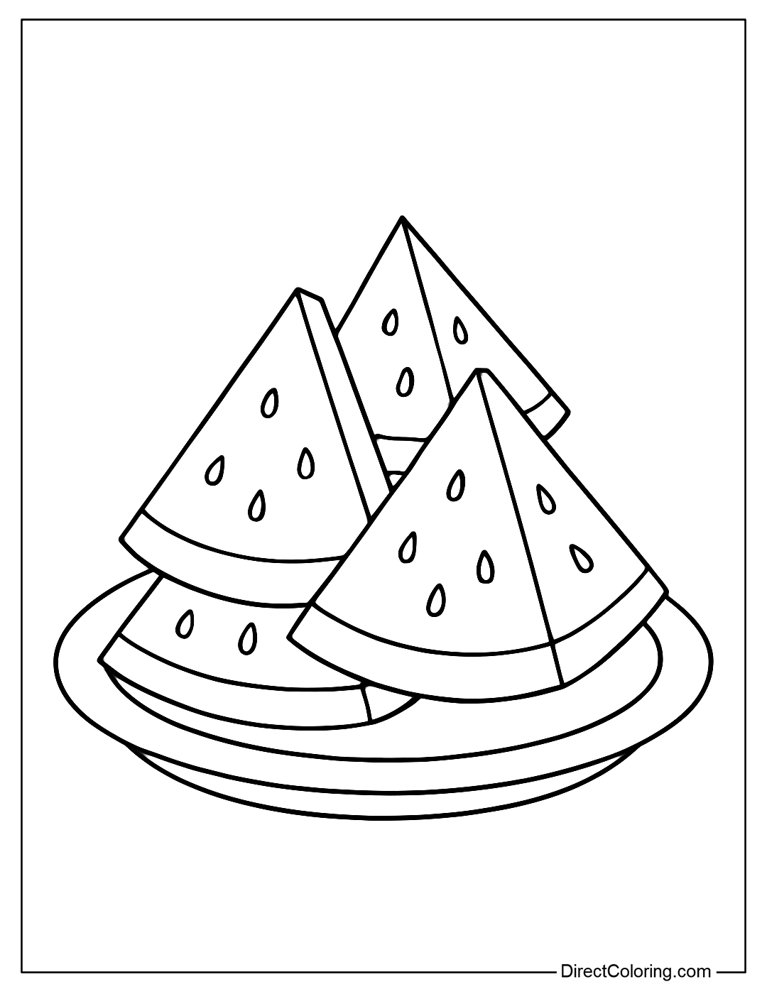 A watermelon plate coloring page with many triangular slices stacked.